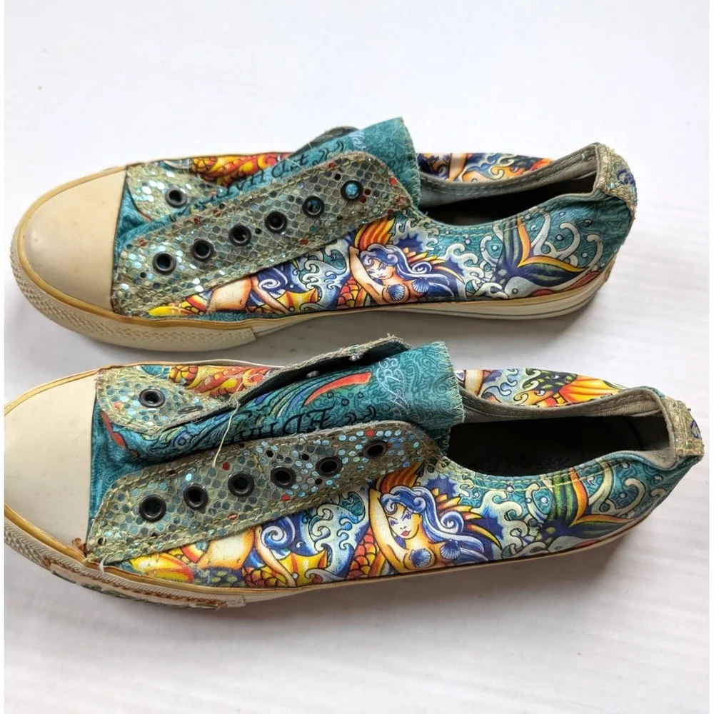 Ed Hardy Womens Size 10 Slip On Shoes Embroidered Glitter Mermaid Y2K Vintage